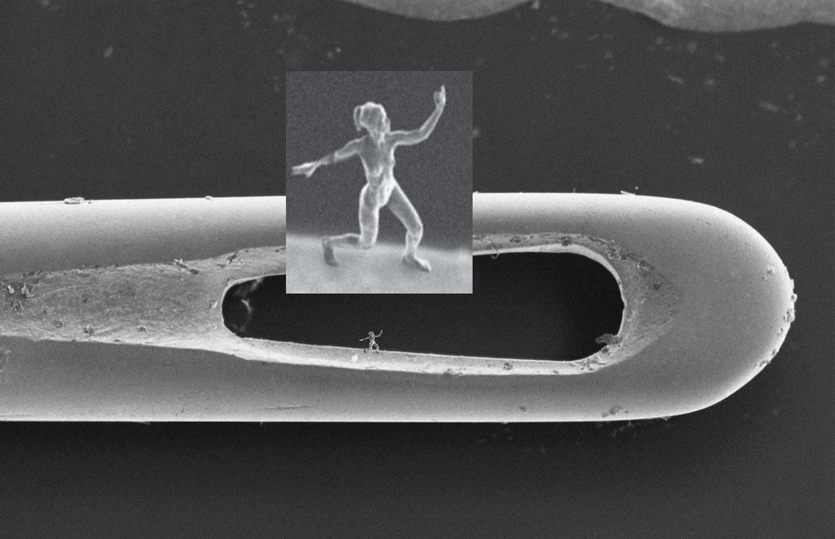 Перед нами самая маленькая скульптура человека размером 80 x 100 x 20 микрон (столько, на сколько вырастает ваш ноготь за 5 - 6 часов) в игольном ушке.  Источник фото: jontyhurwitz.com