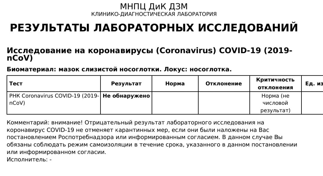 Тест на ковид образец результата