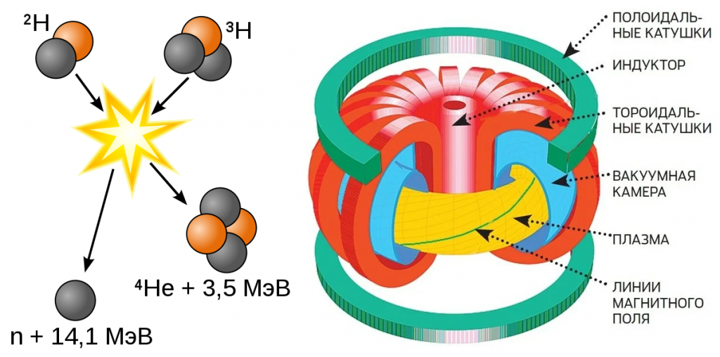 Слева — простейшая реакция термоядерного синтеза с использованием дейтерия и трития (тяжелого водорода). Справа — схема токамака.