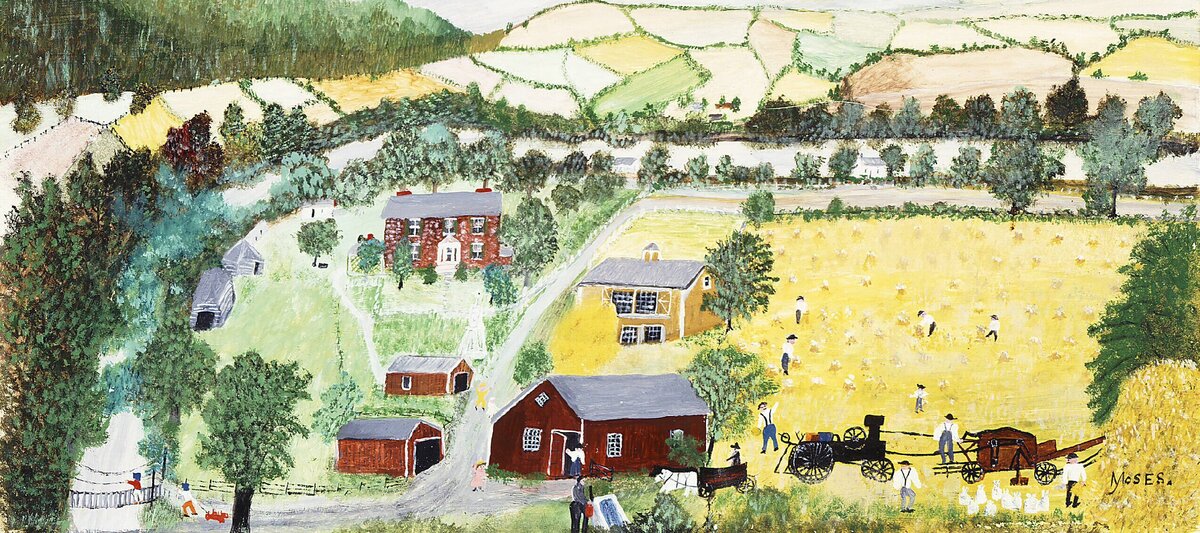Grandma Moses, Calhoun, 1955; Oil on pressed wood, 16 x 24 in.; National Museum of Women in the Arts, Gift of Wallace and Wilhelmina Holladay; © Grandma Moses Properties