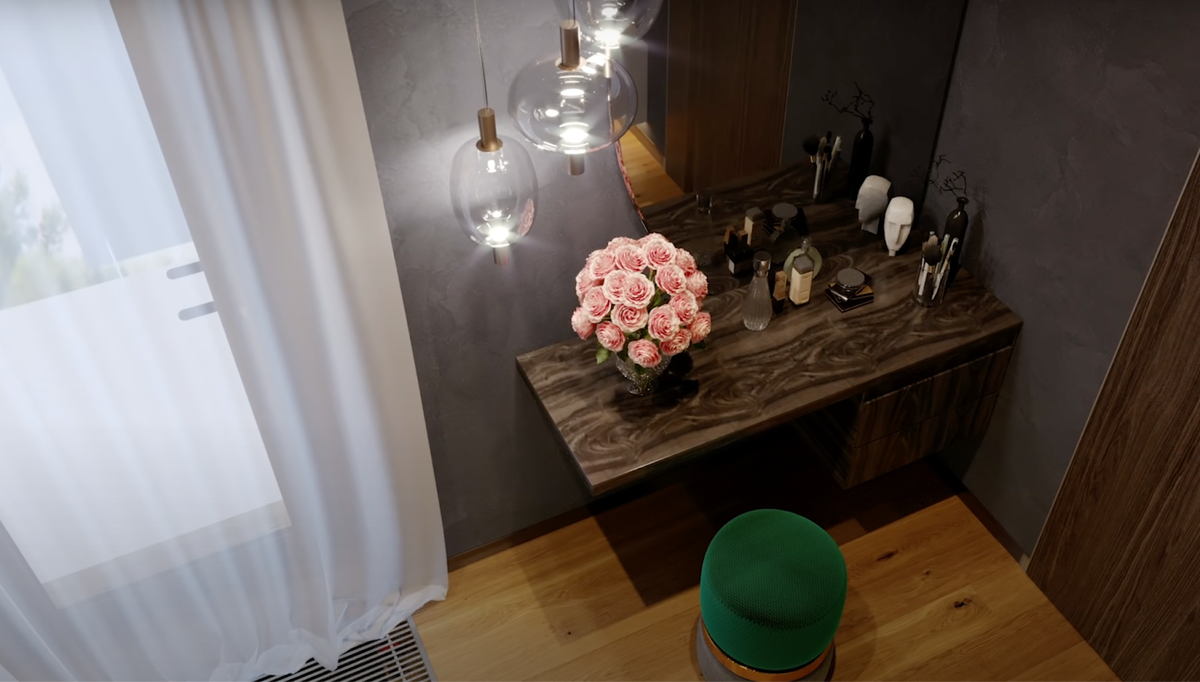 Как место преобразилось — никаких торчащих проводов, а зеркало с подсветкой и туалетный столик