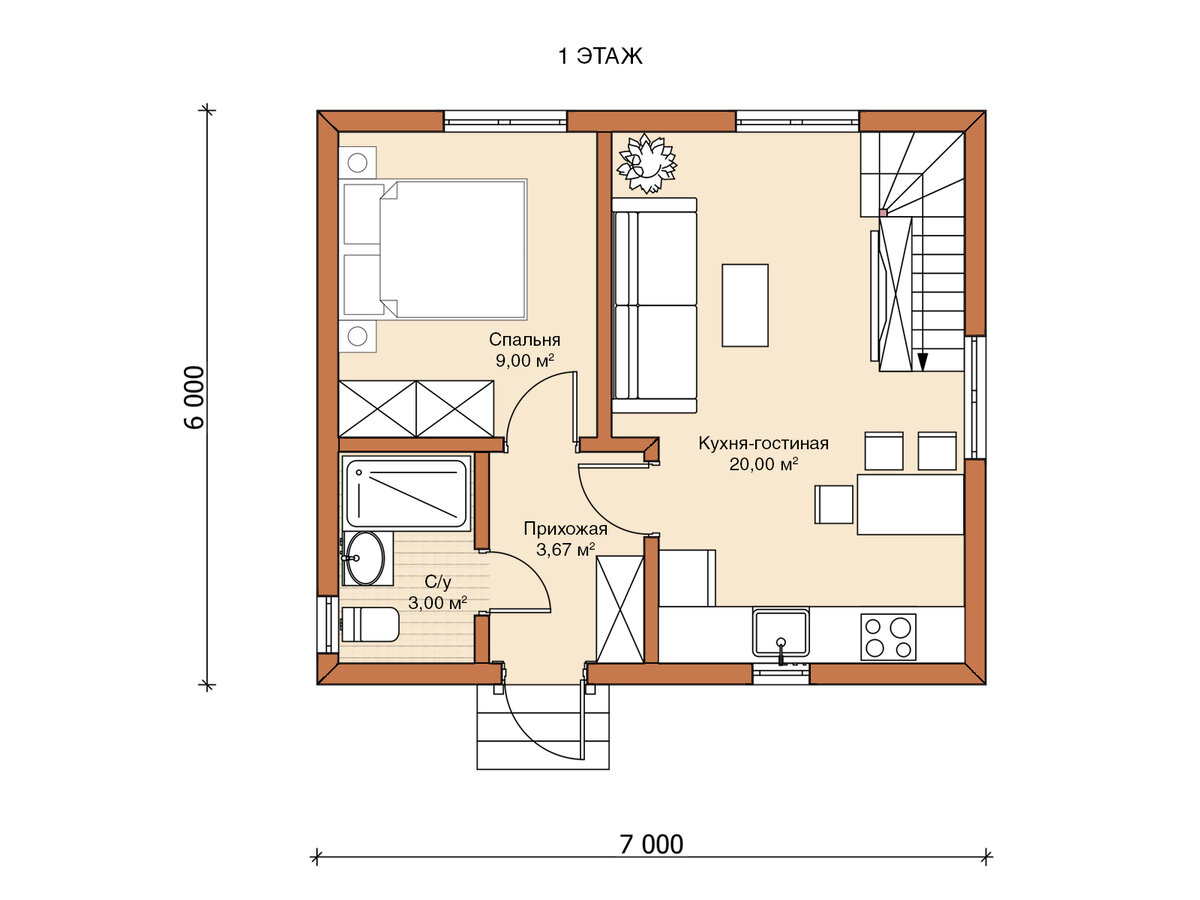 Планировка 1 этажа каркасного дома 6х7 70 кв. м. "Осло"