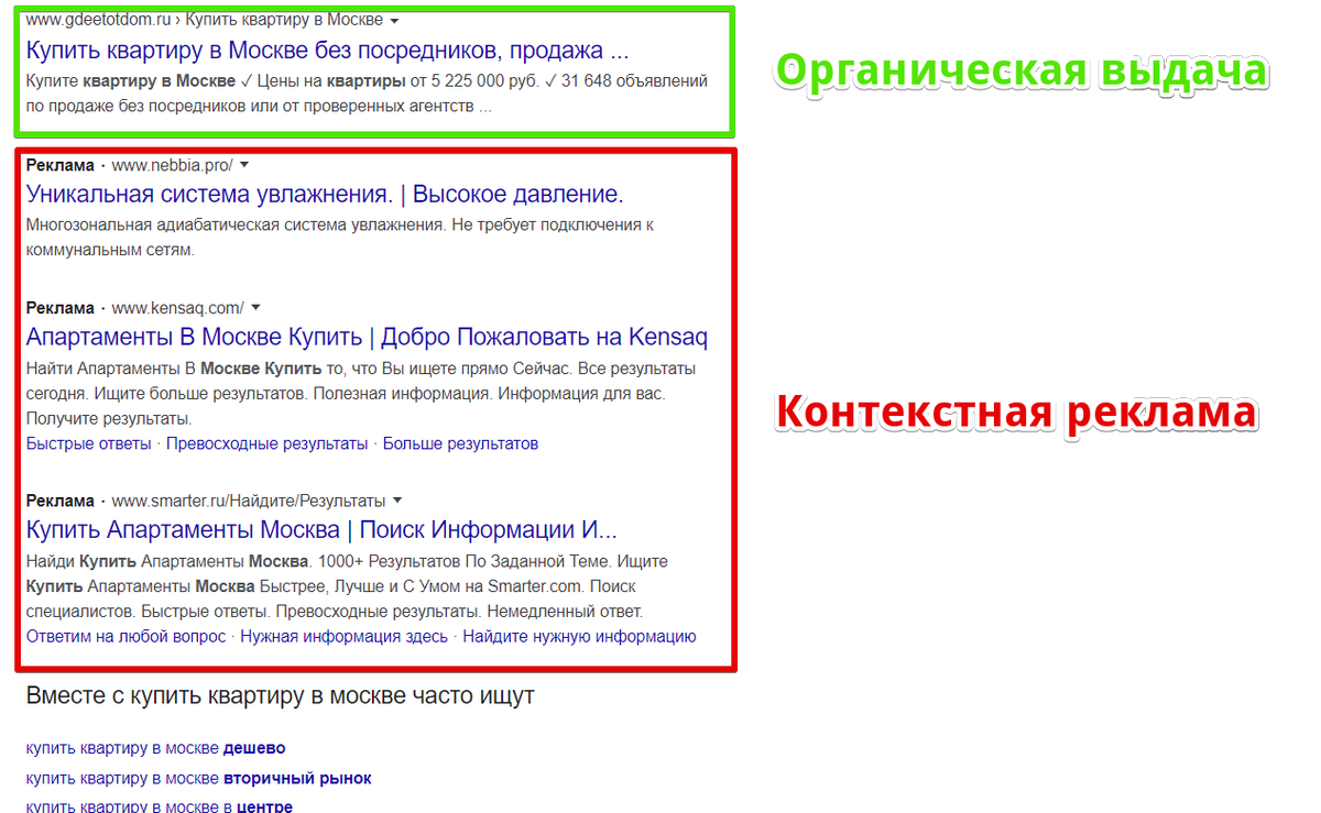 Внизу страницы поиска под результатами органической выдачи:
