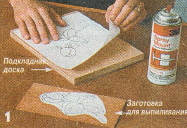 Делают два зеркальных изображение рисунка, обведя его на кальке и перевернув ее. Другими словами аппликация должна быть зеркальных изображением выбранного рисунка. Один рисунок приклеивают к обрезку фанеры толщиной 3 мм для выпиливания, а другой на подкладочную (вспомогательную) плиту, например, на достаточно большой,гладкий и плоский кусок фанеры толщиной 20 мм, чтобы на нем можно было поместить рисунок.