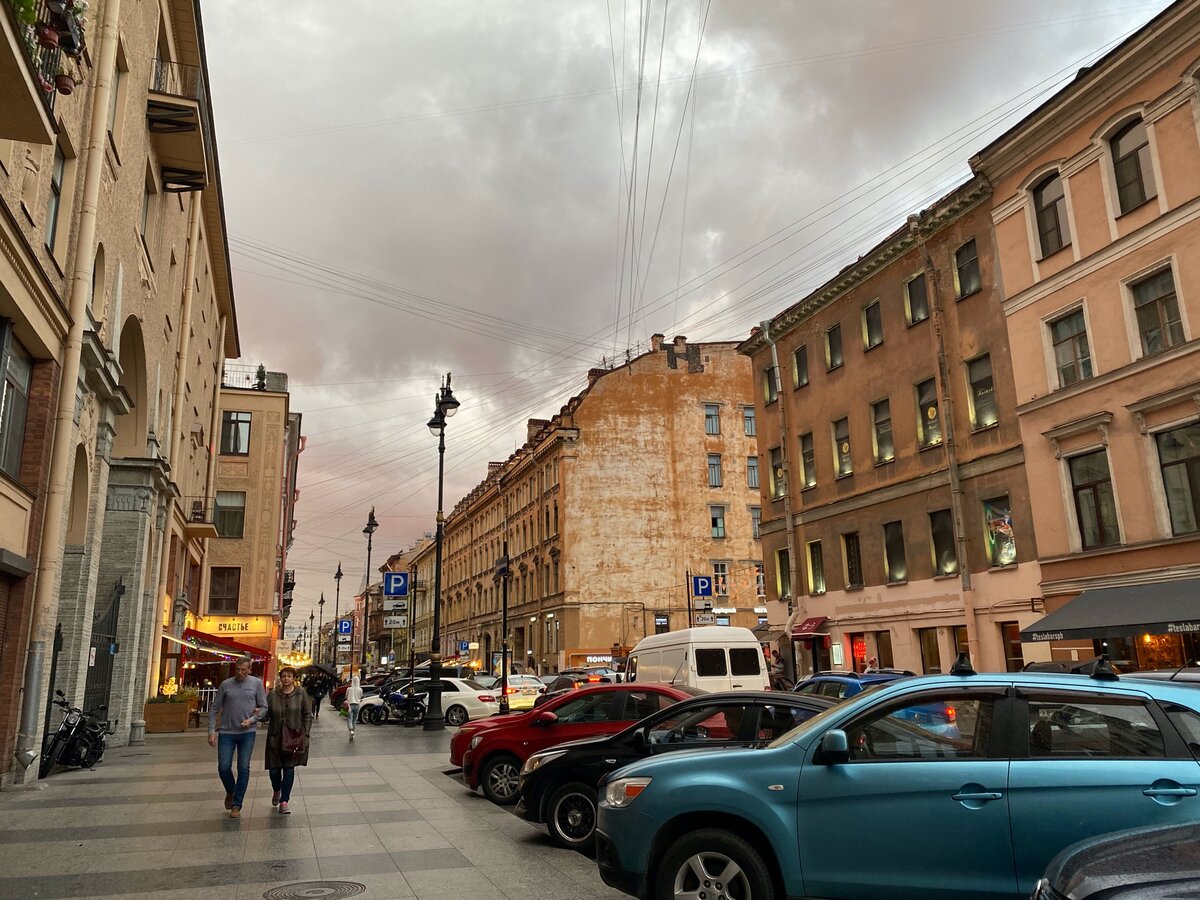 Сама улица Рубинштейн: парковок много, деревьев совсем нет, вместо них пусть будут столбы