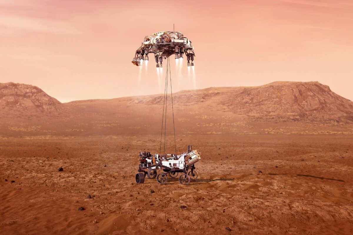 Так мог выглядеть процесс посадки со стороны. Author NASA/JPL-Caltech. Источник изображения: upload.wikimedia.org