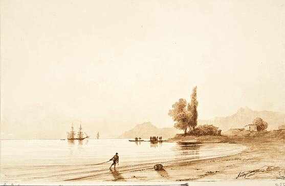И.К. АЙВАЗОВСКИЙ. Вид на скалистый берег со стороны моря. 1845 
Бумага, сепия, графитный карандаш. 19,5 × 30,4. ГРМ