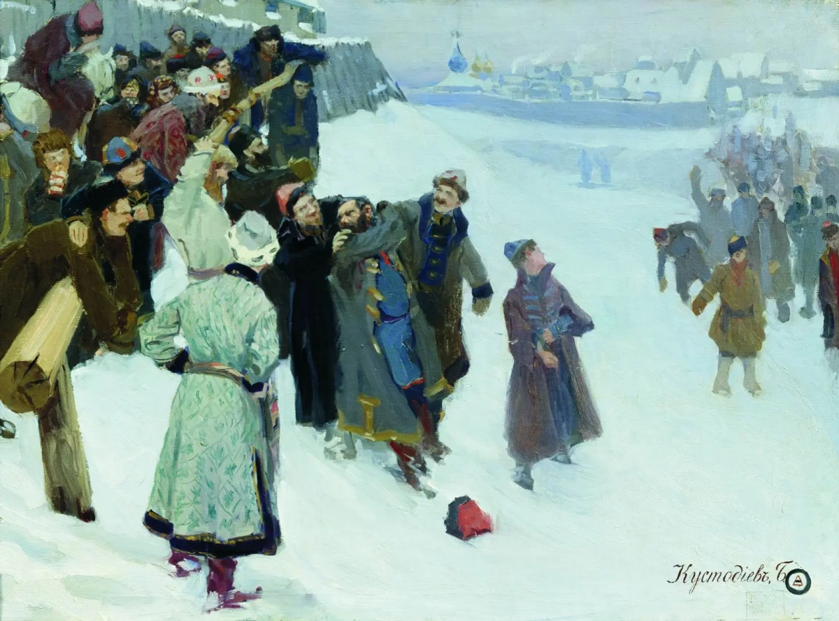 Б. Кустодиев - "Кулачный бой на Москва-реке" (1897 г. - то есть до поступления в Академию художеств)