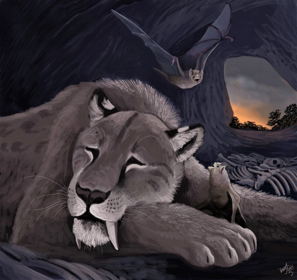 Desmodus draculae радостно летит перекусить спящим саблезубым тигром