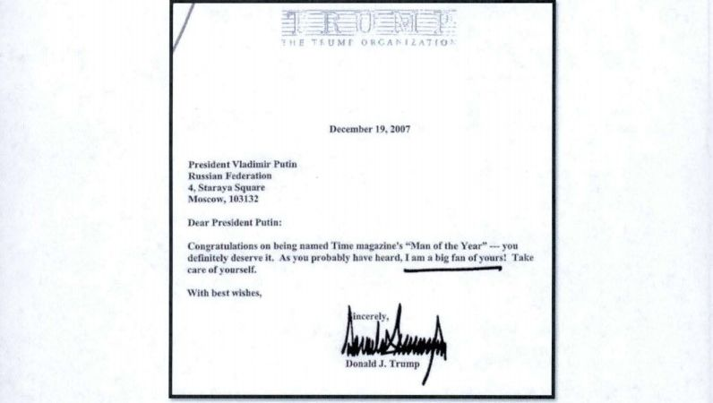 Письмо Трампа Путину в 2007 году. Источник изображения: комитет Сената США по разведке.