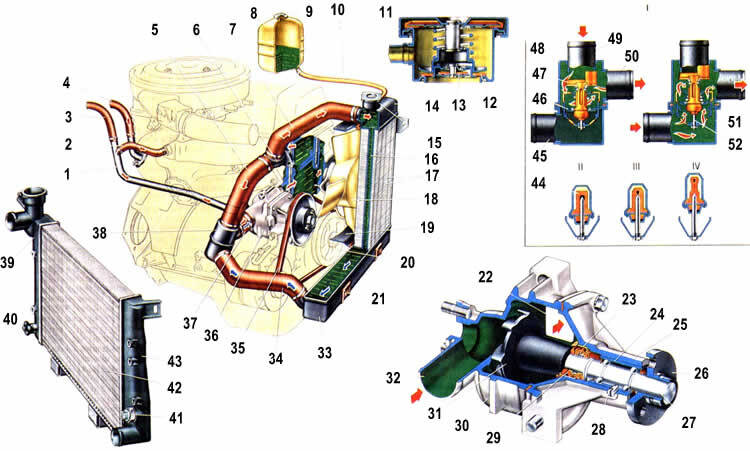 1. Трубка отвода жидкости от радиатора отопителя в насос охлаждающей жидкости: 2. Шланг отвода жидкости от впускного трубопровода: 3. Шланг отвода жидкости из радиатора отопителя салона: 4. Шланг подвода жидкости в радиатор отопителя; 5. Перепускной шланг термостата; 6. Выпускной патрубок рубашки охлаждения: 7. Подводящий шланг радиатора: 8. Расширительный бачок: 9. Пробка расширительного бачка: 10. Шланг от радиатора к расширительному бачку: 11. Пробка радиатора; 12. Выпускной (паровой) клапан пробки; 13. Впускной клапан пробки; 14. Верхний бачок радиатора; 15. Заливная горловина радиатора: 16. Трубка радиатора: 17. Охлаждающие пластины радиатора; 18. Вентилятор: 19. Кожух венгулягора; 20. Шкив привода генератора и насоса охлаждающей жидкости: 21. Резиновая опора радиатора; 22. Окно со стороны блока цилиндров для подачи охлаждающей жидкости : 23. Обойма сальника; 24. Подшипник валика насоса охлаждающей жидкости; 25. Крышка насоса; 26. Ступица шкива насоса; 27. Валик насоса; 28. Стопорный винт; 29. Манжета сальника; 30. Корпус насоса; 31. Крыльчатка насоса; 32. Приемный патрубок насоса: 33. Нижний бачок радиатора: 34. Отводящий шланг радиатора; 35. Ремень привода генератора и насоса охлаждающей жидкости; 36. Насос охлаждающей жидкости; 37. Шланг подачи охлаждающей жидкости в насос: 38. Термостат: 39. Левый бачок алюминиевого радиатора: 40. Сливная пробка; 41. Датчик включения и выключения электродвигателя вентилятора; 42. Алюминиевая сердцевина радиатора: 43. Правый бачок алюминиевого радиатора: 44. Резиновая вставка; 45. Входной патрубок: 46. Основной клапан; 47. Перепускной клапан; 48. Корпус термостата; 49. Патрубок перепускного шланга; 50. Патрубок шланга для подачи охлаждающей жидкости в насос: 51. Крышка термостата: 52. Поршень рабочего элемента термостата; 53. I.Схема работы термостата; 54. II.Температура жидкости менее +80 С; 55. III.Температура жидкости +80. +94 С; 56. IV.Температура жидкости больше 94 С.