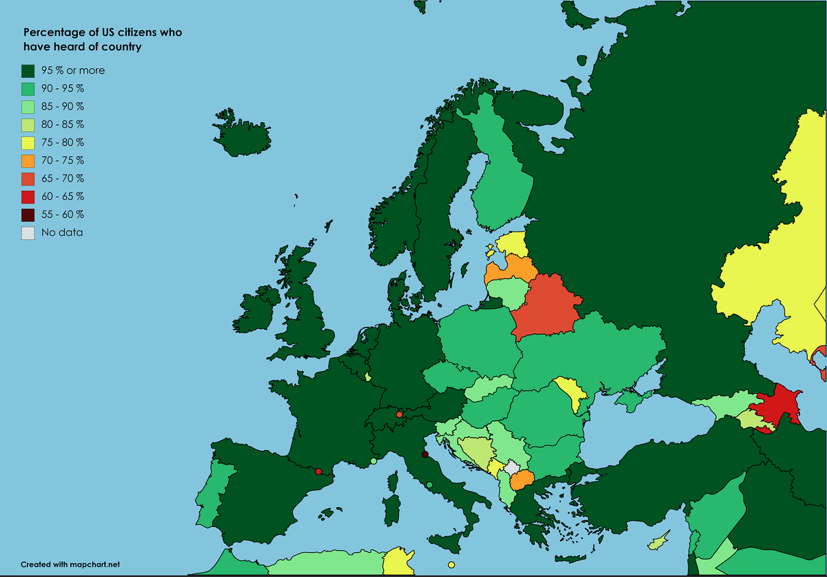 Процент граждан США, которые слышали о вашей стране