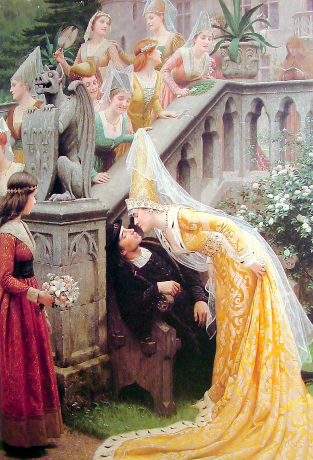 "Королева, целующая поэта" (Эдмунд Блэр Лейтон, 1903). На картине изображен Ален Шартье, как его себе представил художник