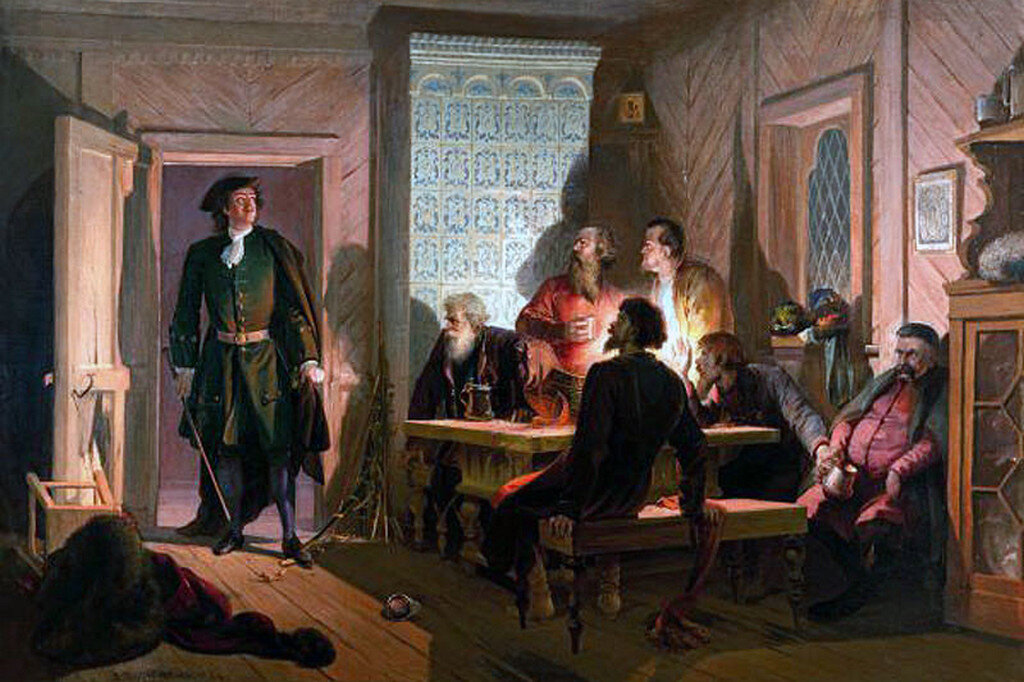 "Петр I накрывает заговорщиков в доме Цыклера 23 февраля 1697 года", А. И. Шарлемань, 1884