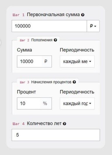 Условия при первоначальном вложении 100 000 рублей