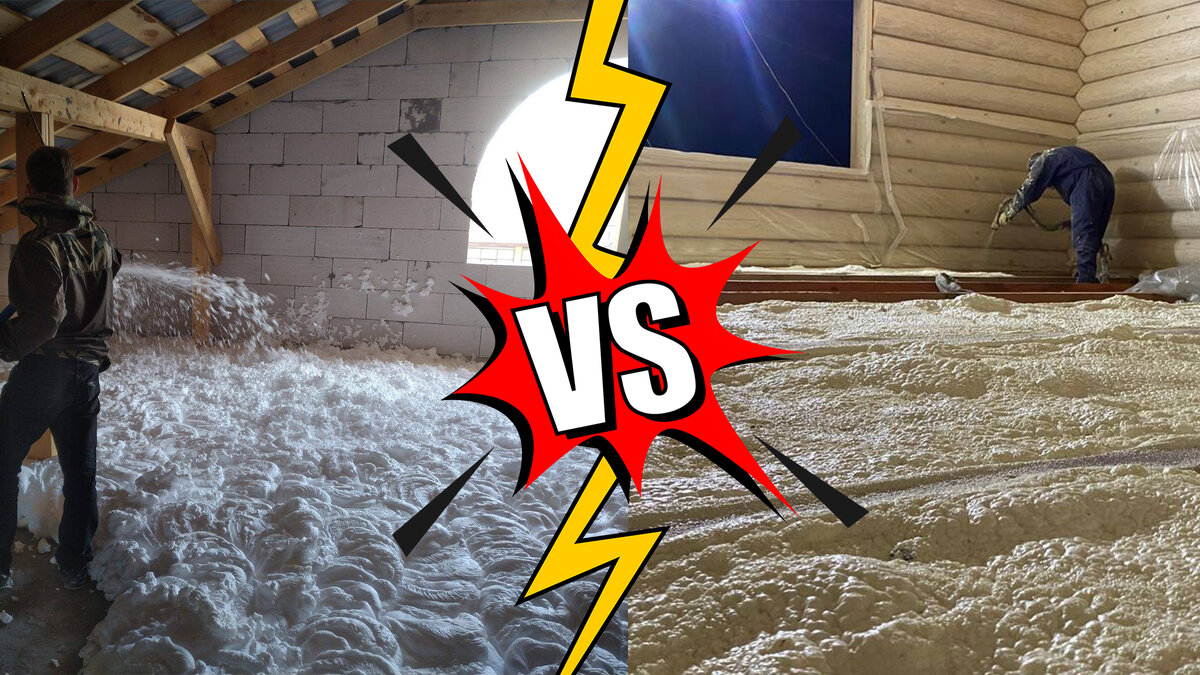 Слева процесс напыления Пеноизола, справа ППУ.