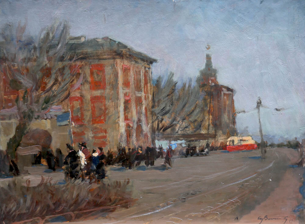 Анатолий Васильев "Университетская набережная" (Холст, масло 1949 г.). Коллекция МВЦ "Петербургский художник".