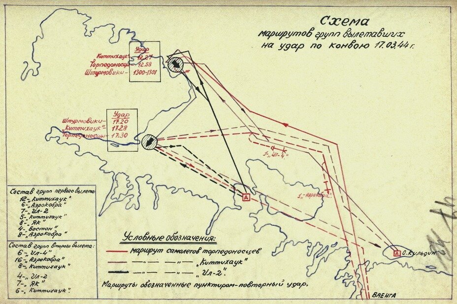 Схема маршрутов групп, вылетающих на атаку конвоя Rp.110.Ki 17 марта 1944 года. Вечерние вылеты обозначены пунктиром.