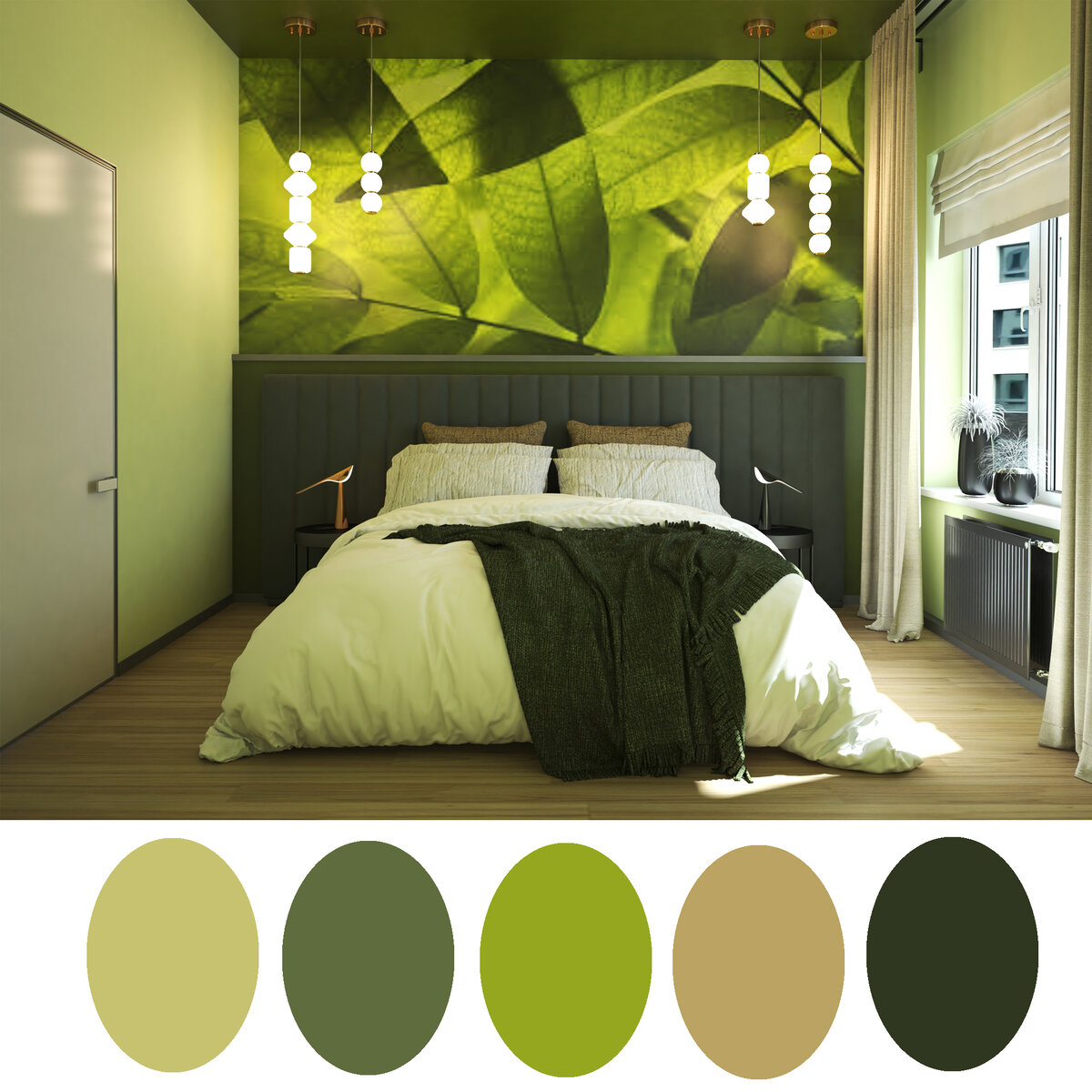 Сочетание зеленого в интерьере спальни