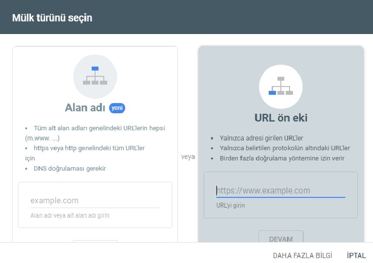 Karşımıza çıkacak bu panelde, alan adı ile doğrulama veya sitemize ekleyeceğmiz kod ile dogrulama seçeneği cıkacaktır