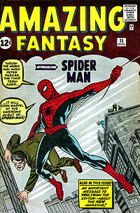 Обложка Amazing Fantasy №15 (август 1962). Первое появление Человека-паука.
Художники: Джек Кёрби и Стив Дитко
