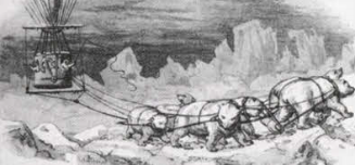 Цикл немецких иллюстраций самого начала XX века, с разной степенью серьёзности моделирующий возможности полярных путешествий на воздушном шаре (ни аэропланов, ни дирижаблей ещё нет). Источник: Журнал «Если» №4, 2016г.