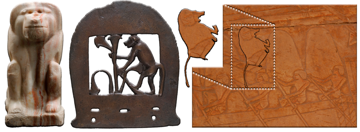 Слева направо: 1. Статуэтка с именем фараона Нармера, ранний династический период, I династия, ок. 3150–3100 гг. до н.э. 2. Украшение бронзового топора, Среднего царства, приблизительно 1981– 1640 г. до н. э. 3. Рельефы в заупокойном храме царицы Хатшепсут в Дейр-эль-Бахри. Новое царство, XVIII династия, ок. 1473–1458 гг. до н. э. 