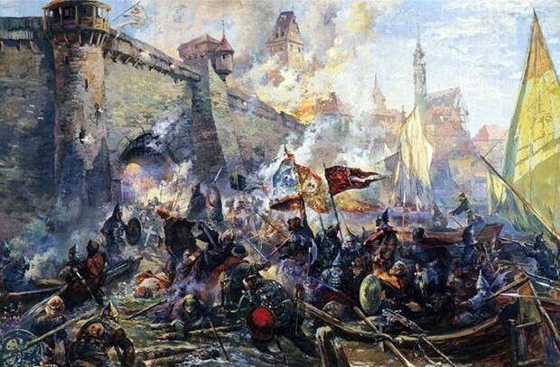 1558, 11 (20) мая - Русскими войсками Ивана IV Грозного взят ливонский город и порт Нарва (Ругодев). ("Взятие Нарвы русскими войсками в 1558 году". Художник А.А. Блинков)