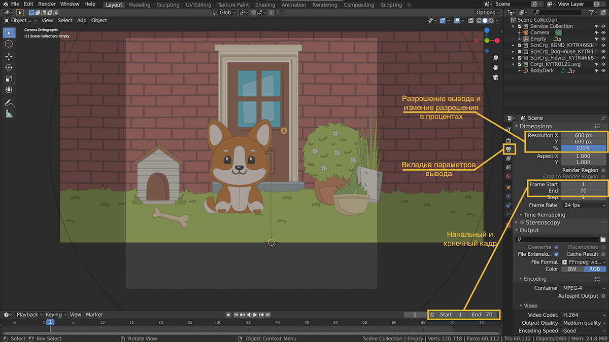 Открытая в Blender сцена, вкладка рендера, разрешение, длина шота