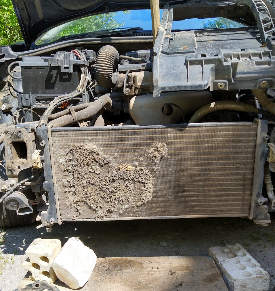 На данном фото хорошо видно, что основная проблема скрывалась за радиатором кондиционера