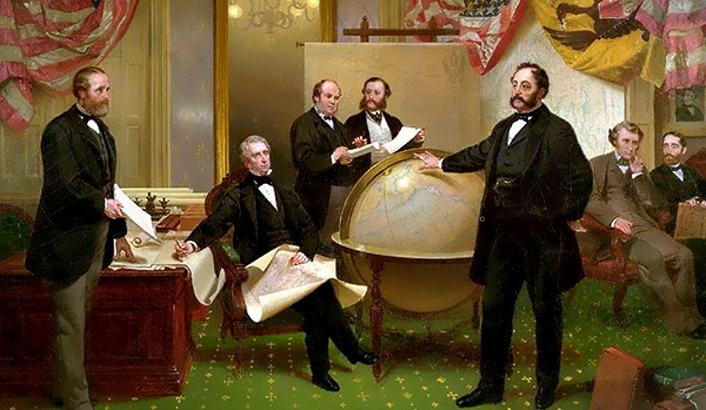 Подписание договора о продаже Аляски. Роберт С. Чу, Уильям Г. Сьюард, Уильям Хантер, Владимир Бодиско, Эдуард Стекль, Чарльз Самнер, Фредерик Сьюард. источник:Яндекс.Картинки