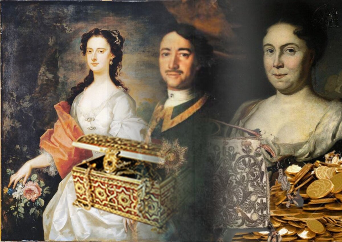 В коллаже использованы работы художников: Д. Вандербанка (не является портретом Марии Гамильтон), Л. Каравака, К. де Моора. 