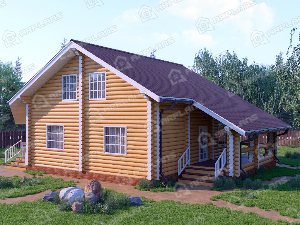 Фото 1 деревянного двухэтажного дома из бревна с мансардой, 3 спальнями, вторым светом, газовой котельной и террасой. Полезная площадь 154 кв м. Источник arplans.ru Проект ДО-033