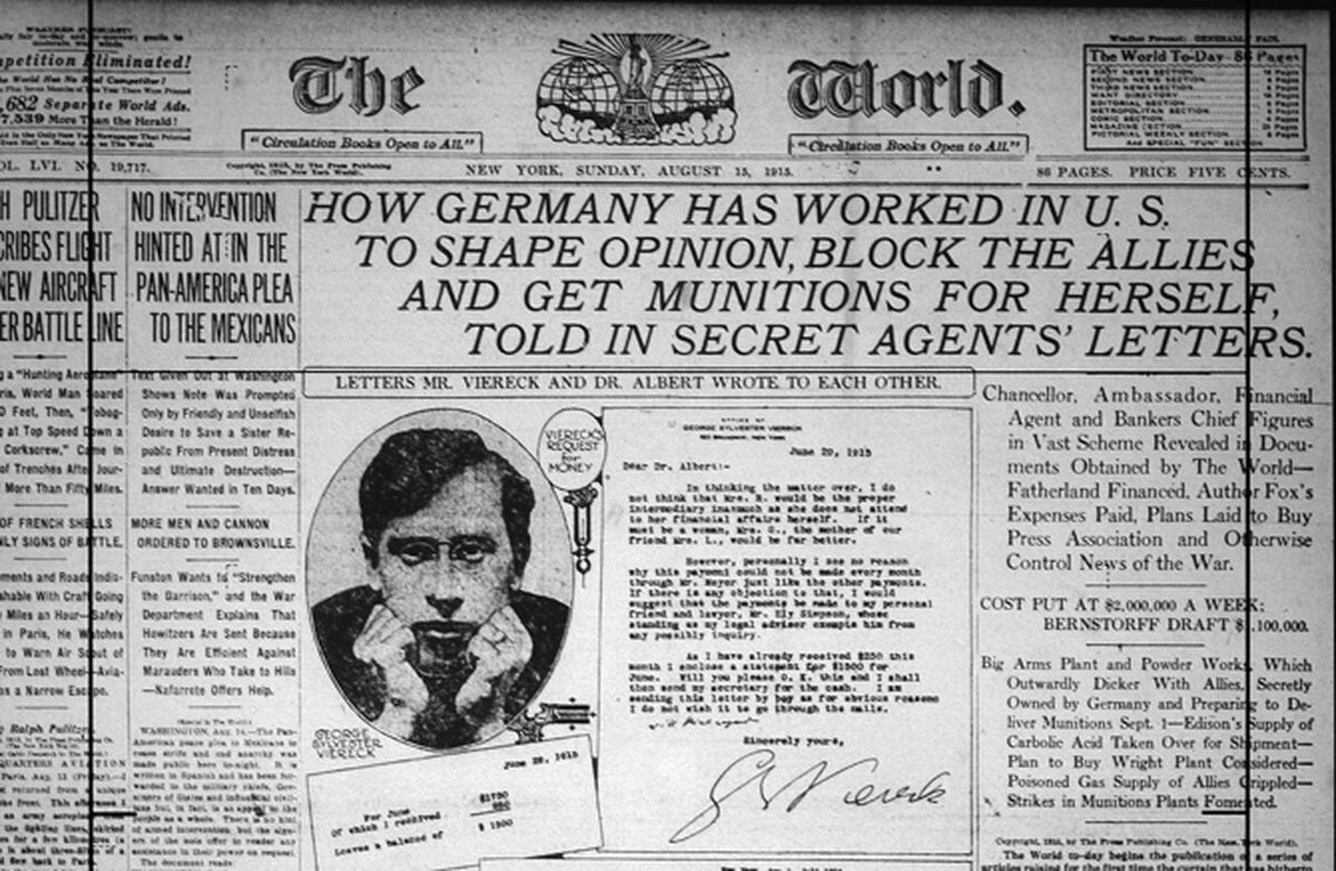 Заголовок New York World от 15 августа 1915 года: «Что Германия сделала, чтобы повлиять на общественное мнение США, помешать союзникам и получить в их руки боеприпасы»