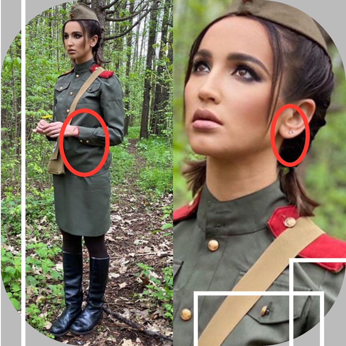 На руке красная нить. В ушах серьги-пуссеты с бриллиантами