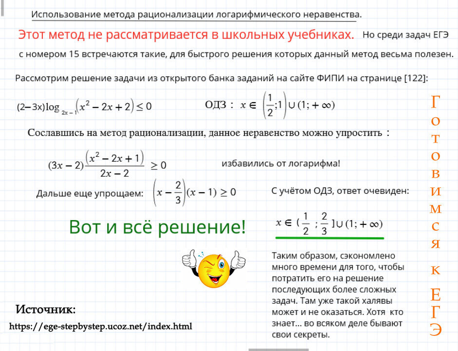 Использование метода рационализации для решения логарифмических неравенств