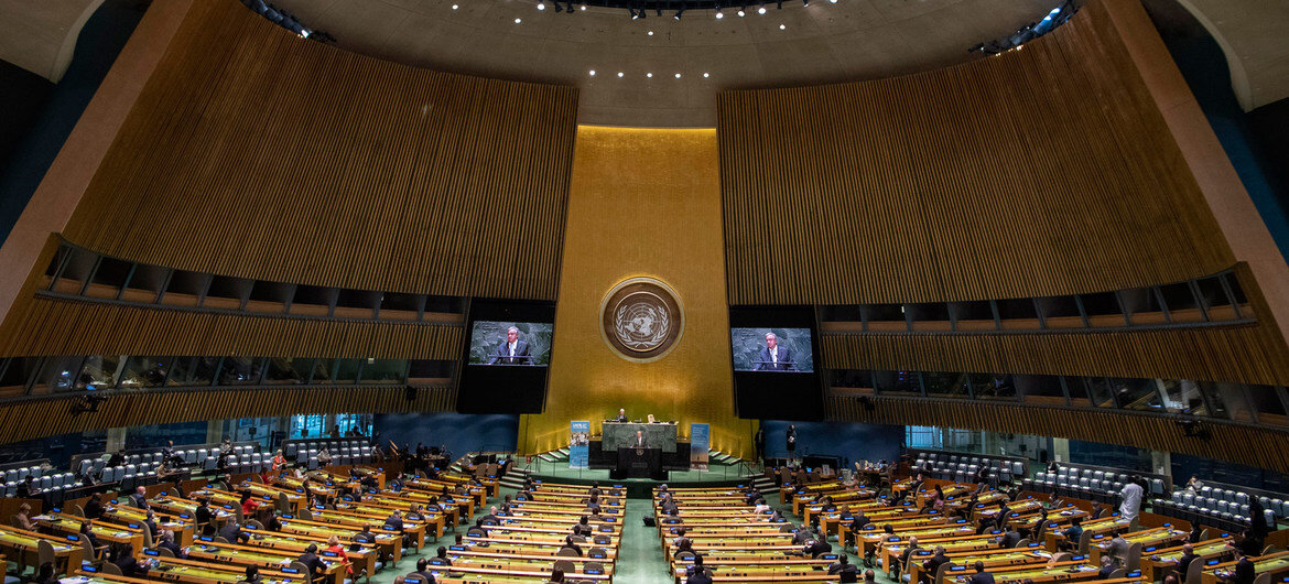 Открытие сессии ГА ООН. Выступает Генсек ООН А. Гутерриш. Фото ООН. https://news.un.org/ru/story/2020/09/1386222