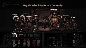 Игровой процесс Darkest Dungeon. В пошаговых сражениях управляемые игроком герои находятся в левой части экрана, противники — в правой. Чёрные значки и цифры над головами персонажей отмечают рост стресса.