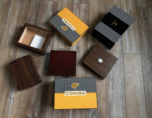 Хьюмидор Afisionado Chateau Cherry на 25 сигар, хьюмидоры Tom River серии Cohiba на 30 и 50 сигар, хьюмидоры  Tom River на 25 сигар