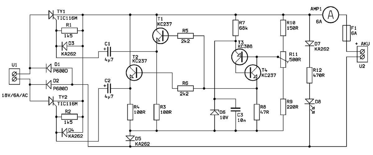 Принципиальная схема зарядного устройства на тиристорах