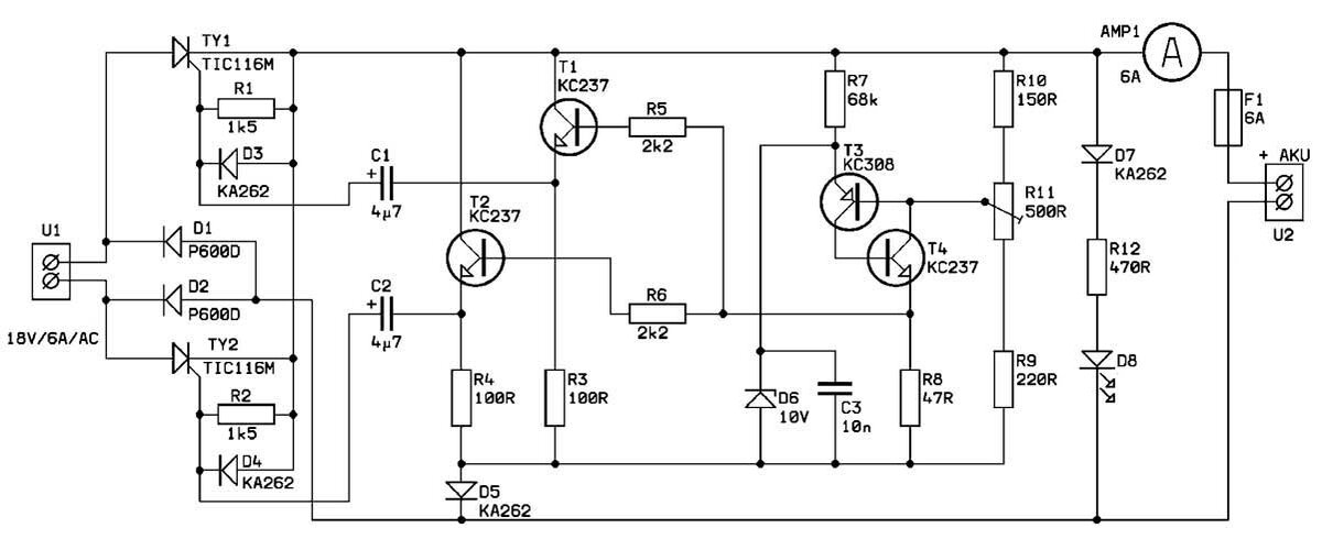 Схема и описание тиристорного зарядного устройства для автомобильных аккумуляторов