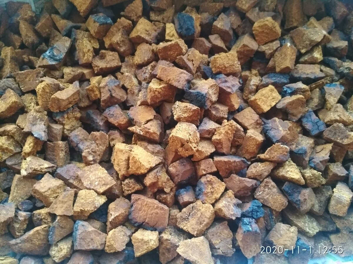 Кусочки чаги 2х2см, отличный вариант для заваривания в термосе.