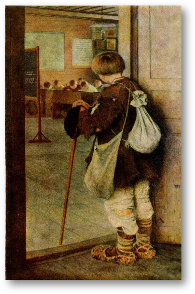 Картина мальчик и кукла у стеклянной двери. Н. П. Богданов - Бельский, у дверей школы. “ У дверей школы” художника н.п. Богданова-Бельского.