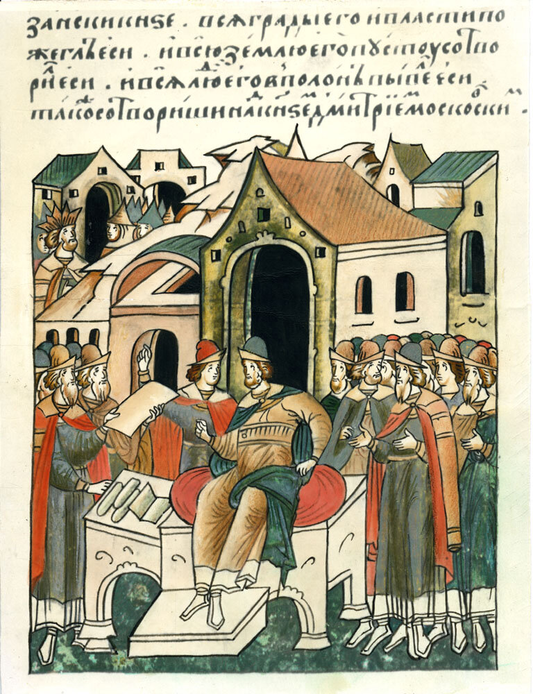 Мамай нанимает фрязов, ясов и черкесов. Копия миниатюры из Летописного лицевого свода. 1980-е гг. ГМЗ-НВ-70/15 