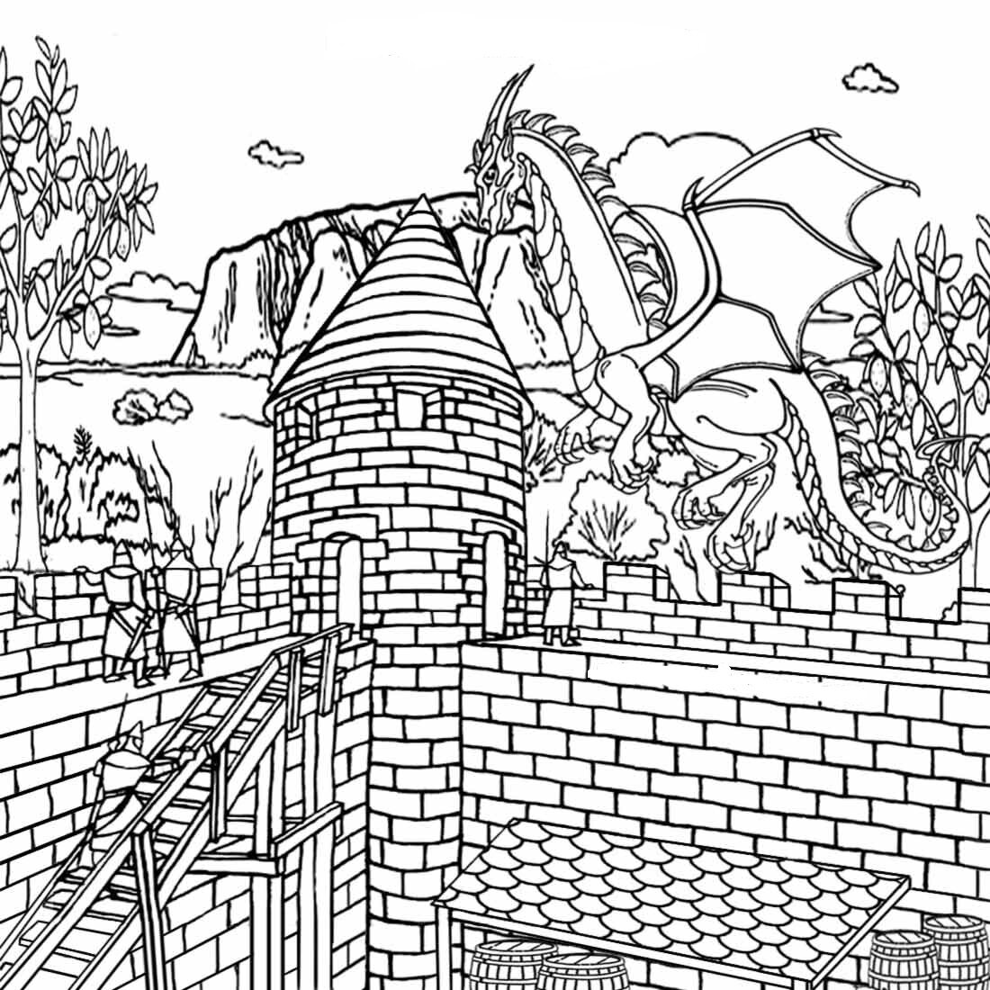 Раскраска замок с драконом