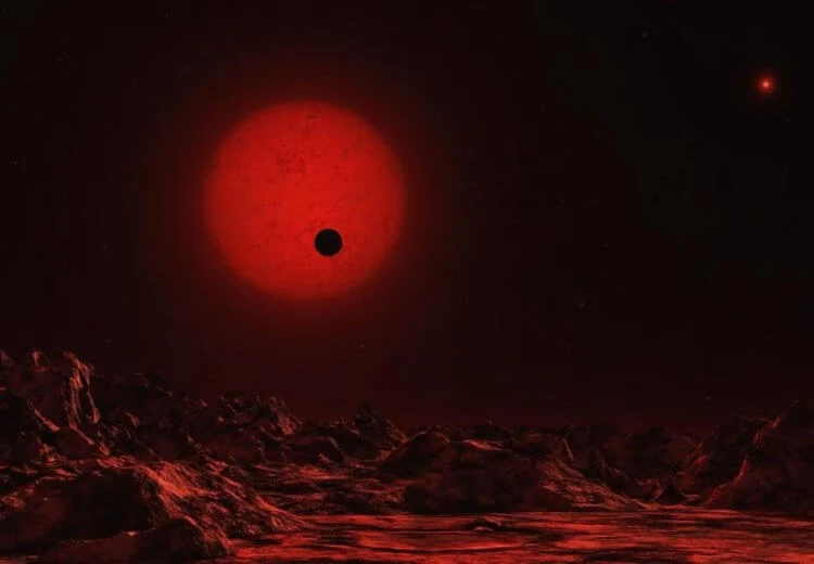 Вид с поверхности расположенной у красного карлика планеты в представлении художника
