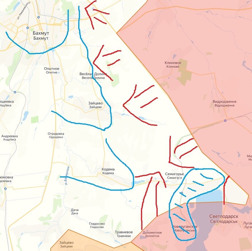 Синим я отметил примерные позиции ВСУ (вопреки карте по поступающим новостям еще не ясно взято ли Новолуганское под контроль пророссийскими силами), Красным - наступление РФ. Синяя группировка на Юго-Востоке де факто попала в котел, выбраться из которого едва ли возможно. Карты сделаны при помощи сайта https://lostarmour.info.