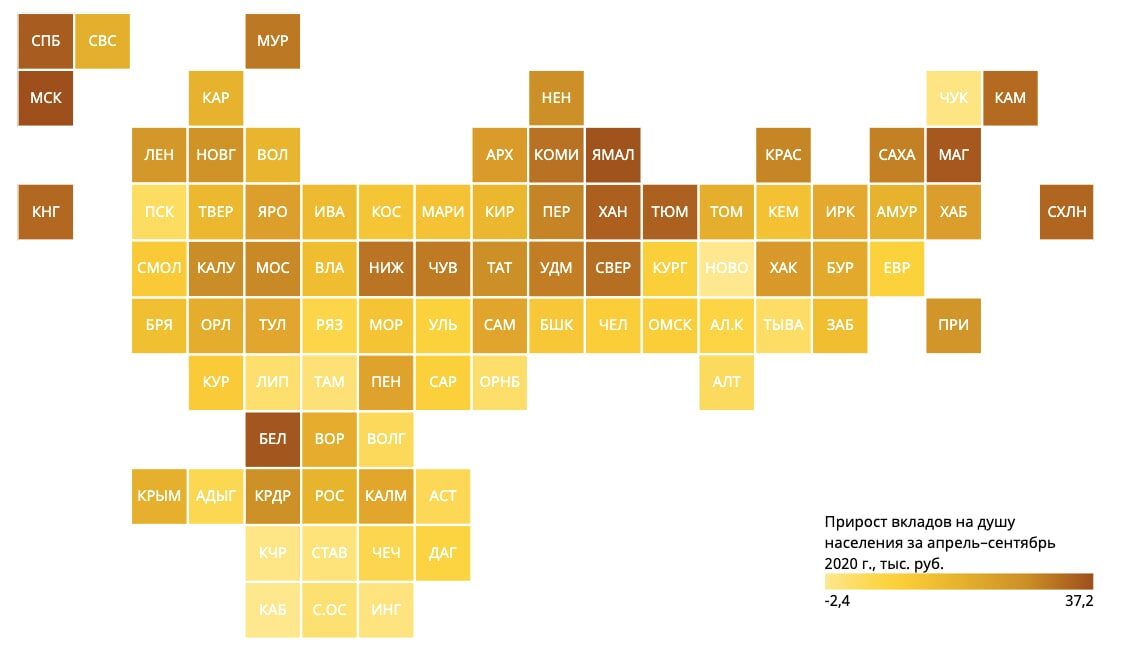 Карта России: динамика среднего размера вклада