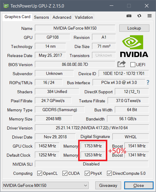 Легко можно получить и обратную ситуацию: взять ту же самую GTX 1080 Ti и запустить на ней игру в HD-разрешении с минимальными настройками графики — и тут даже Core i9-9900K не сможет подготовить для ней столько кадров в секунду, чтобы она была занята на 100%. 

Так что тут можно сделать два вывода: во-первых, если видеокарта недогружена несильно, а итоговый fps вас устраивает — всегда можно еще немного увеличить настройки графики, чтобы получить 100% нагрузку на видеокарту с лучшей картинкой и при той же производительности. Во-вторых, собирайте сбалансированные сборки, дабы не было такого, что процессор занят на 100%, а fps в игре 20 кадров.

Седьмой миф. Чем уже шина памяти — тем ниже производительность видеокарты

Очень часто на различных форумах можно встретить посты типа «вот, 8 лет назад у GTX 480 шина памяти была 384 бита, а сейчас у GTX 1080 всего 256, Nvidia экономит». Опять кажется, что это логично — чем шире шина, тем больше данных по ней можно «гонять». Но тут следует помнить две вещи: во-первых, не шиной единой: частоты памяти с того времени выросли в разы, во-вторых — производители GPU постоянно улучшают алгоритмы передачи данных по шине, что позволяет использовать ее более эффективно. Все это приводит к тому, что ширину шины можно безболезненно урезать: так, MX150 (она же GT 1030), имея шину всего в 64 бита (как один канал ОЗУ), способна при этом выдавать производительность уровня GTX 950M со 128-битной шиной, которая еще пару-тройку лет назад считалась среднеуровневой мобильной игровой видеокартой:



Восьмой миф. Если видеокарта не перегревается, то она работает на максимально возможной для нее частоте в рамках ее теплопакета

Увы — аналогия с процессорами тут не работает: если те действительно удерживают максимальные частоты в рамках TDP вплоть до температуры, с которой начинается троттлинг из-за перегрева, то видеокарты работают хитрее: так, у Nvidia есть технология GPU Boost, которая, с одной стороны, является аналогом Turbo Boost для процессоров — позволяет поднимать частоту выше базовой — а с другой стороны имеет больше ограничений. 

Возьмем, для примера, GTX 1080 Ti. Она имеет родную частоту в 1480 МГц, а Boost — 1580. Но стоит нагрузить видеокарту, как частота может подскочить до 1800-1850 МГц — то есть выше Boost: это и есть работа технологии GPU Boost. Дальше — интереснее: критические температуры у видеокарт поколения Pascal составляют порядка 95 градусов — но уже при 85 можно заметить, что частоты снижаются ближе к уровню Boost. Почему так? Потому что Nvidia ввела еще одну опорную температуру, которую называет целевой: при ее достижении видеокарта старается ее не превышать, а для этого сбрасывает частоты. Так что если у вас мощная видеокарта, да и еще с референсным турбинным охлаждением — внимательно следите за температурами, ибо от них в прямом смысле зависит производительность.

Девятый миф. Видеокарты без дополнительного питания хуже аналогов с ним

В продаже можно встретить видеокарты уровня GTX 1050, 1050 Ti и AMD RX 550 без дополнительного питания — то есть, как в старые добрые времена, достаточно поставить их в слот PCIe и они готовы к работе. При этом также есть версии 1050 и 1050 Ti с дополнительным питанием 6 pin, из-за чего некоторые пользователи делают вывод, что раз дополнительное питание есть — значит с ним видеокарты будут работать лучше. 

На деле это не совсем так: слот PCIe способен дать видеокарте до 75 Вт, и этого вполне хватает, чтобы даже 1050 Ti работала на указанных на официальном сайте Nvidia частотах. Но если вы нацелены на разгон — да, тут питания от PCIe видеокарте может уже не хватить, так что дополнительные 6 pin от блока питания позволят достичь больших частот, однако разница в любом случае не превысит 10%.

Десятый миф. Не стоит ставить современные PCIe 3.0 видеокарты на старые платы со слотами PCIe 2.0 или 1.0

Все опять же логично — так, пропускная способность PCIe 2.0 x16 вдвое ниже, чем у 3.0 x16, а, значит, современные видеокарты через более старую шину PCIe будут работать медленнее. На деле это опять же не так — пропускная способность PCI Express 3.0 x16 даже для топовых современных видеокарт оказывается избыточной:



Хорошо видно, что разница между 3.0 x16 и 2.0 x16 составляет всего 1%, то есть погрешность, и даже если спуститься до PCIe 1.1 — то есть к материнским платам почти десятилетней давности — падение производительности оказывается всего лишь 6%. Так что вердикт тут прост — версия PCIe практически не влияет на производительность видеокарты, соответственно можно смело к Xeon с PCI Express 2.0 брать GTX 1080.

Одиннадцатый миф. Разгон видеопамяти не имеет смысла

Конечно, наибольший прирост дает разгон ядра видеокарты — тут прирост производительности близок к линейному (то есть увеличили частоту на 10% — получили прирост производительности на 10%). Однако не стоит сбрасывать со счетов видеопамять, особенно в слабых видеокартах: зачастую в них ставят те же чипы памяти, что и в более мощные решения, но при этом сильно снижают частоту. Это дает возможность ее достаточно сильно разогнать, зачастую на 20-40%, что может прибавить к общей производительности графики еще 10-15% — для слабых видеокарт это лишним, разумеется, не будет:



Двенадцатый миф. С выходом каждой новой линейки видеокарт производители урезают производительность старой

Достаточно популярный миф, основанный обычно на том, что на одних (обычно более старых) версиях драйверов видеокарта работает лучше, чем на других (обычно более новых). Разумеется, никакого реального основания он не имеет: если бы Nvidia и AMD на самом деле хотели заставить пользователей обновить видеокарты, они бы прекращали их поддержку как производители смартфонов на Android, через пару лет после выхода. Однако на деле даже решения 600-ой линейки от Nvidia, вышедшей более 6 лет назад, до сих пор получают новые драйвера наравне с более новыми видеокартами, причем со всеми программными «плюшками» типа DirectX 12.

Но почему тогда есть разница в производительности между драйверами? Потому что ничто в нашем мире не идеально, и какие-то драйвера, улучшая производительность в новых играх, могут испортить производительность в более старых или привести к различным ошибкам. Обычно через некоторые время выходят исправленные драйвера, и все возвращается на круги своя.

Если вы знаете еще какие-либо мифы — делитесь ими в комментариях.