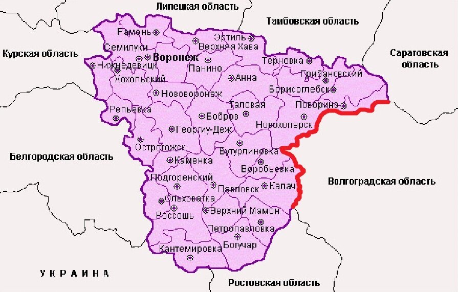 Карта воронежской области граница с украиной на карте россии с городами и поселками подробная карта